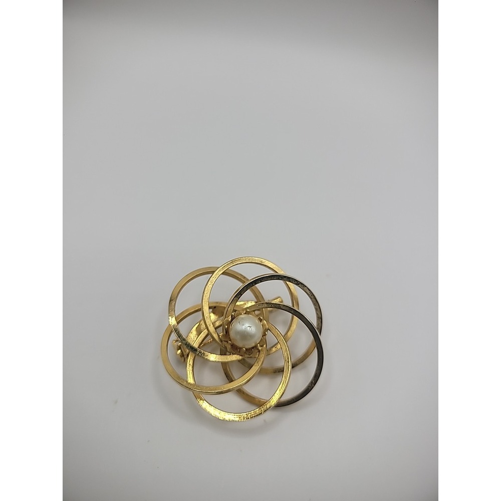 Vintage Brooch Pin Swirls Circles White Bead Mid Century Modern Jewelry Costume